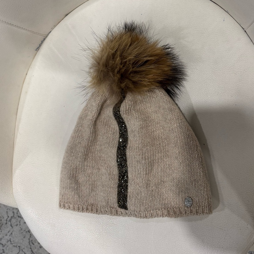 Cozy Tan Knit Pom-Pom Beanie fur